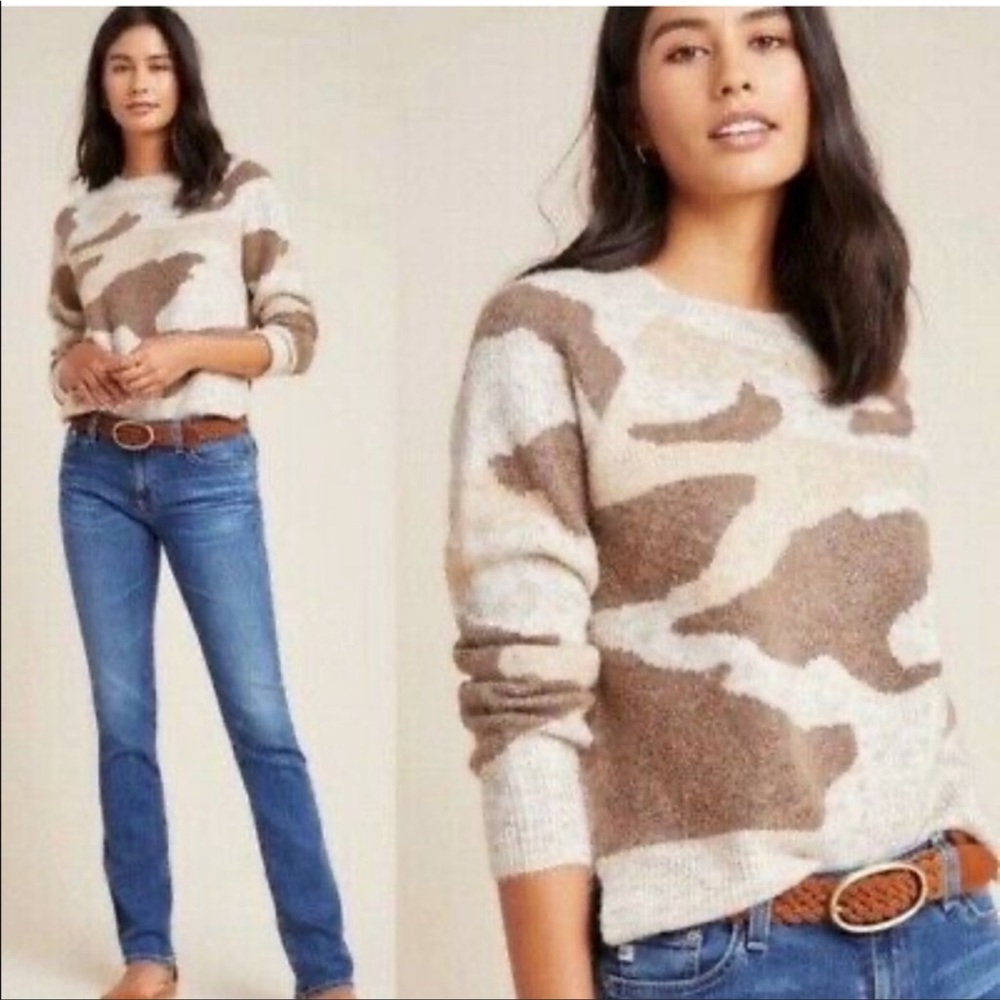 Anthropologie Moth Marjorie Brown Camouflage Crewneck Sweater
